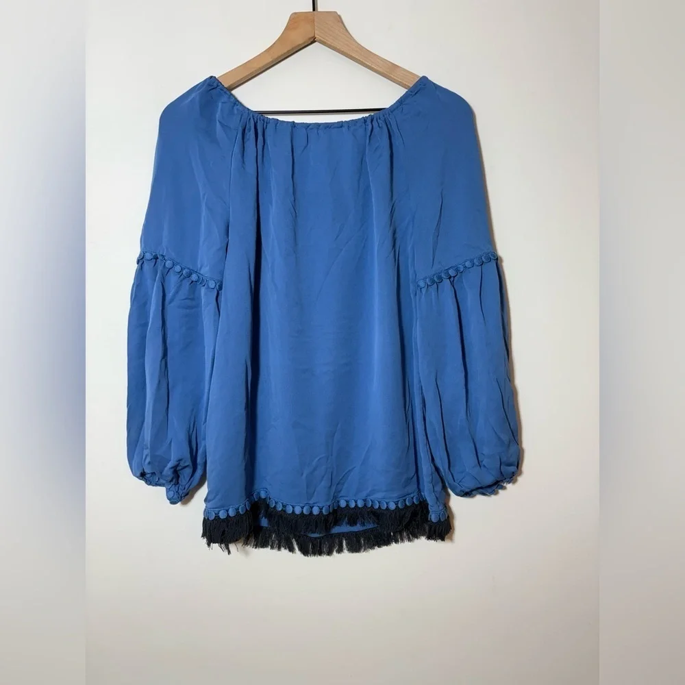 TORY BURCH Blue Silk Fringe Long Sleeves SYLVIE Blouse Size 4 $325